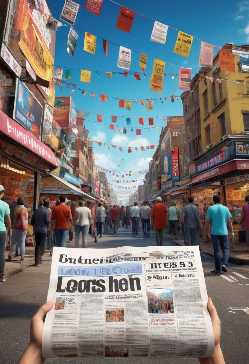 A bustling city scene showcasing diverse people engaging in local events like street festivals and political discussions, with elements of news articles and analysis floating around them. Include a prominent newspaper stand displaying headlines about politics and community gatherings. The background should have iconic local landmarks and a dynamic sky to reflect the vibrancy of community life. super-realistic. vibrant colors. 3D.