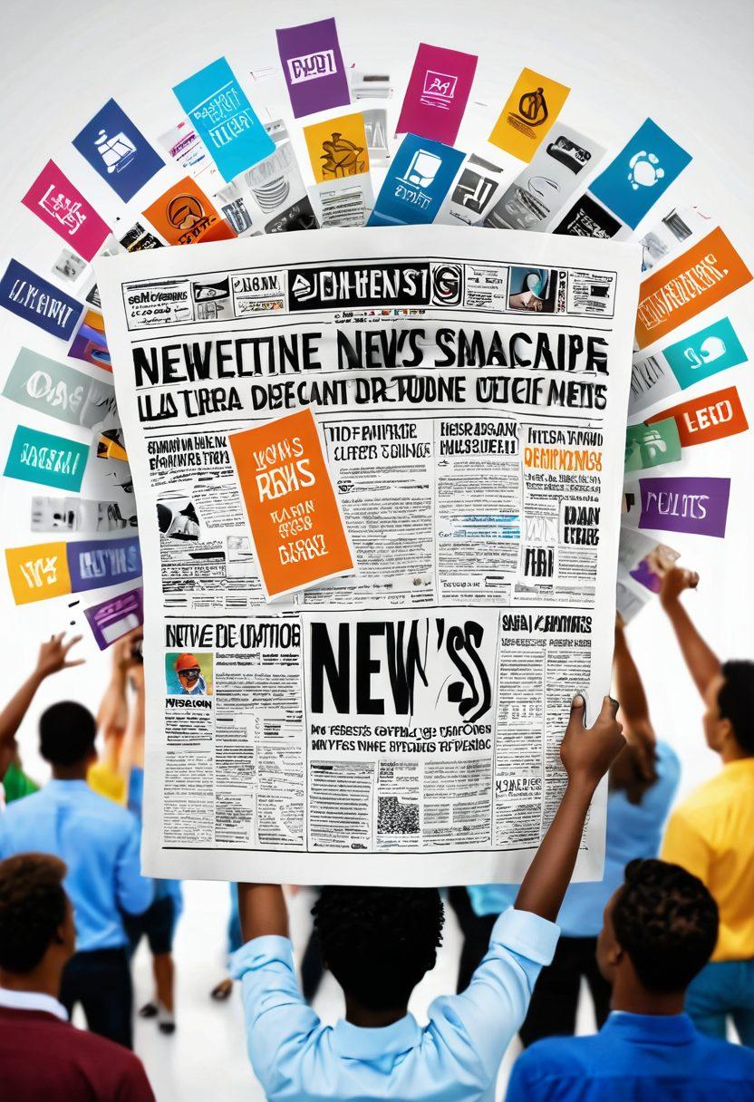 A digital newspaper standing upright, spilling out vibrant news headlines and images, surrounded by a burst of colorful icons representing various news topics like politics, technology, health, and culture. In the background, a diverse group of people engaging with their devices, absorbing the news. The overall aesthetic should be modern and dynamic, conveying a sense of urgency and information flow. super-realistic. vibrant colors. white background.