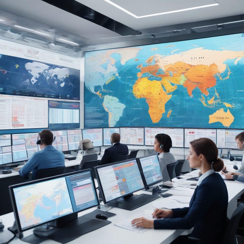 A modern digital newsroom bustling with journalists at work, screens displaying various news headlines, a diverse team collaborating over a large map of global events. Emphasize the vibrancy of current affairs through dynamic visuals and infographics in the background. super-realistic. vibrant colors. white background.
